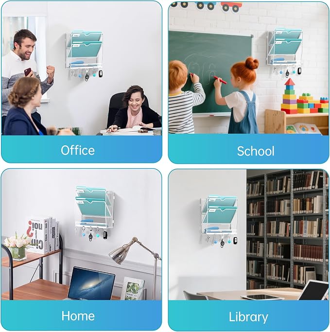 Wall File Organizer - Hanging File Organizer with 5 Hooks, Mail Holder Wall Mounted for Papers, Folders, Magazines, Bills, 3 Tier Office&School Organization, White
