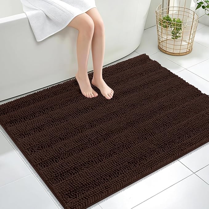 OLANLY Thick Large Bathroom Rugs 40x32, Extra Soft Absorbent Chenille Striped Bath Rugs, Rubber Backing, Machine Wash Dry, Bath Mats for Bathroom Floor, Tub and Shower, Home Decor Accessories, Brown