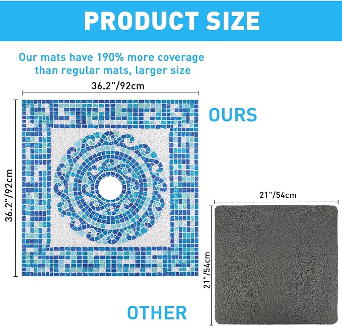 Square Shower Mat Non Slip: 36 x 36 Inch Extra Large Shower Mats with Drain Hole in Middle - PVC Loofah Anti Slip Shower Floor Matt for Inside Shower