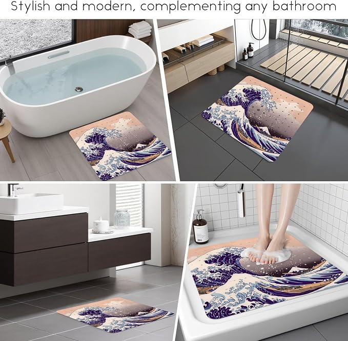 Bathtub Mat Non Slip, Japanese Wave Square Bath tub Mat Shower Floor Mat with Suction Cups for Adults Kids Elderly 21 X 21 Inch