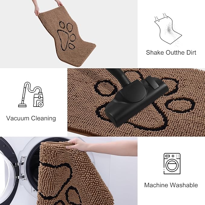 Smiry Dog Door Mat for Muddy Paws, Absorbent Dirt Trapper Non Slip Quick Dry Washable Chenille Mat for Mud Dogs, Entry Rug for Indoor and Outdoor (59x24 Inches, Coffee and Black)