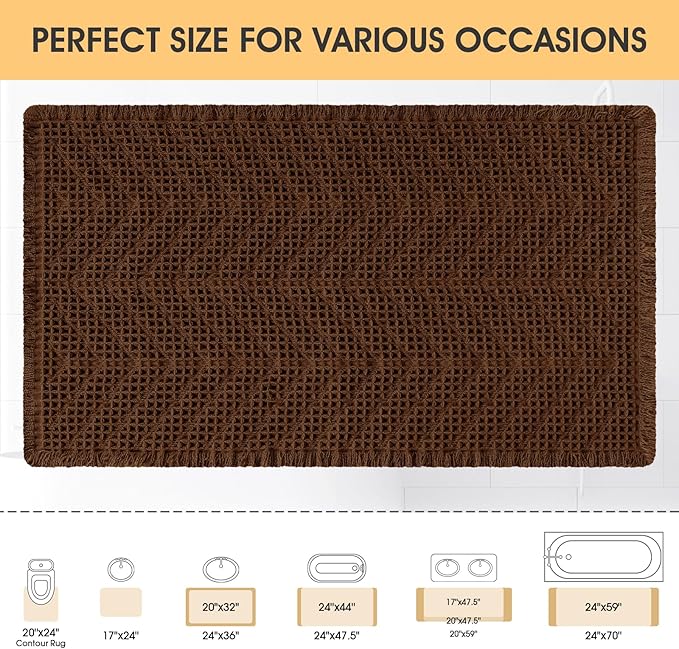 Waffle Bath Mat, Boho Woven Modern Bath Rug Absorbent Non Slip, Ultra Soft Bathroom Mats, Machine Washable Knit Bath Rugs with Herringbones for Bathroom, Bedroom, Kitchen, Shower, Tub, 36"x24", Brown
