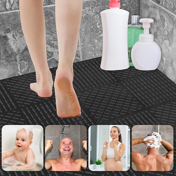 ToLanbbt Modular Interlocking Cushion 12P 11.8" x 11.8" Interlocking Rubber Floor Drain Holes Non-Slip Splicing Drainage Mats for Deck, Shower, Kitchen, Drain Pool, Sauna Bath (Black, Diagonal)
