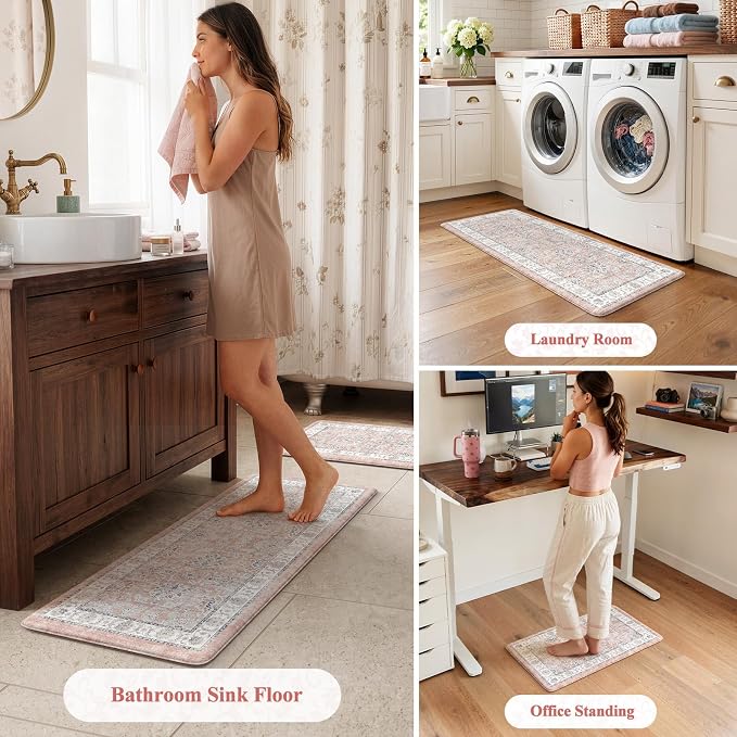 KIMODE Anti Fatigue Mats for Kitchen Floor, Boho Floral Kitchen Rugs Sets of 2, Cushioned Kitchen Floor Mats, Comfort Standing Desk Mat for Sink, Laundry, Desk Pink Multi 17"x29.5"+17" x47”