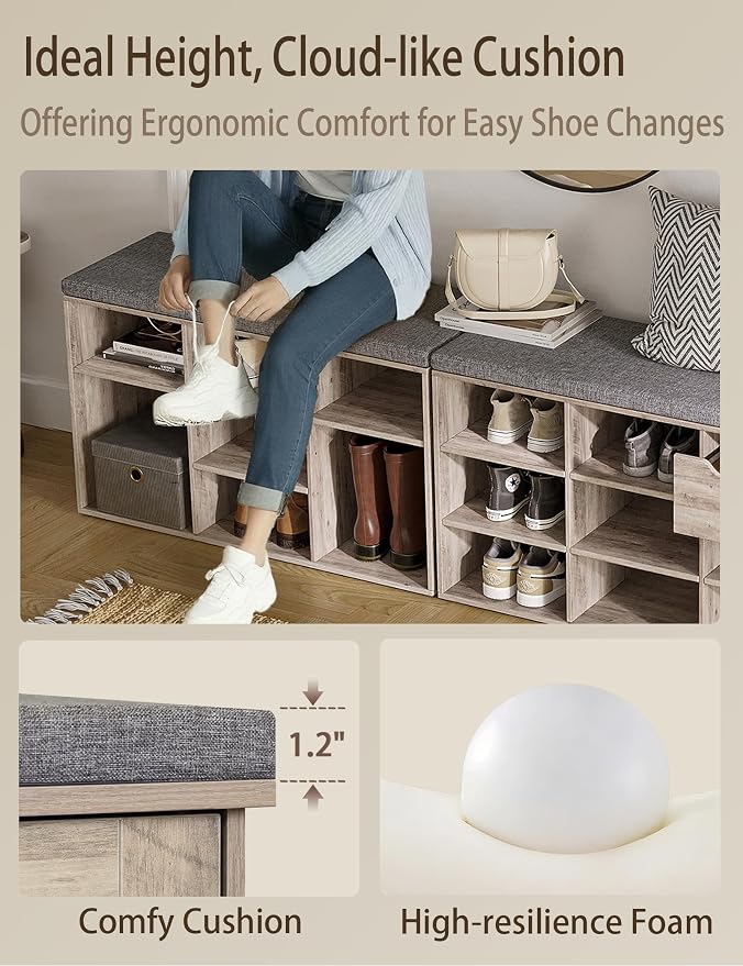 DINZI LVJ Shoe Bench, 9 Cubbies Shoe Organizer for Entryway, Storage Bench with Cushion, Cubby Shoe Rack with Adjustable Shelves for Living Room, Bedroom, Mudroom, Hallway, Greige
