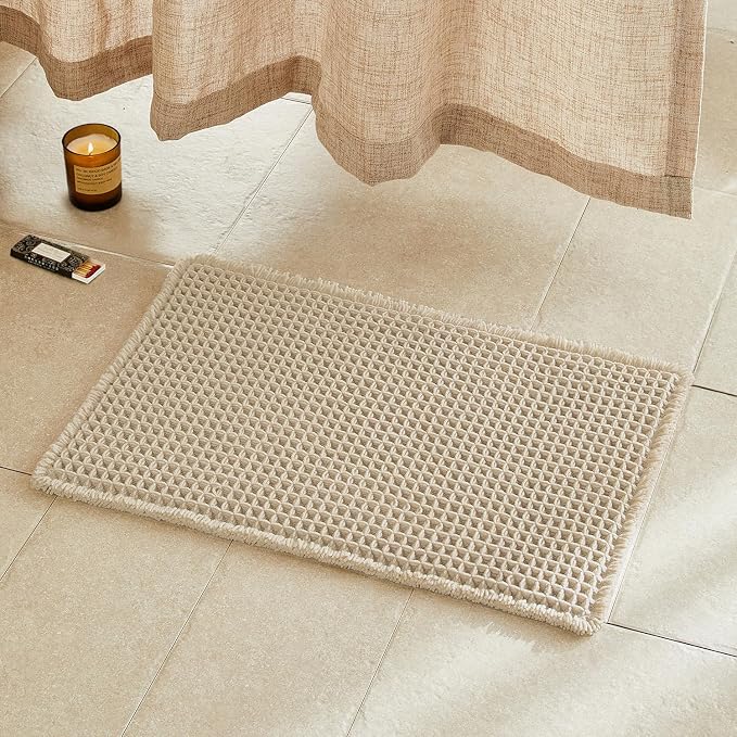 TYUU Pale Beige Bathroom Rug, Waffle Bath Mat Non Slip Washable Super Absorbent Quick Dry Boho Farmhouse Bathroom Decor, 24''x16'' Pale Beige