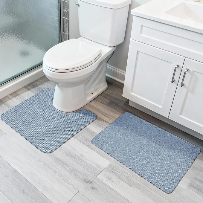 Bosap Bathroom Rugs Set 2 Pieces,Thin Bathroom Mats,Toilet Rugs,Quick Dry,Non-Slip,Machine Washable,Low Pile,Absorbent Bath Mats,Shower,Sink,Home Decor Accessories.Blue,1'5"x2'3"+1'8"x2" U Shape
