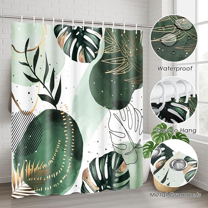 Sage Green Boho Shower Curtain Set with Toilet Lid Cover and Non-Slip Rugs, Mid Century Plant Abstract Olive 4 Pcs Modern Shower Curtain for Bathroom Set with 12 Hooks