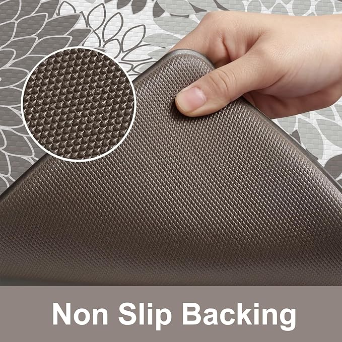 Anti Fatigue Kitchen Mat 2PCS,Boho Dahlia Floral Kitchen Rugs Non Slip Rubber Backing,Waterproof Farmhouse Kitchen Mat for Floor,Cushioned Standing Mat for Office,Laundry,Sink,Desk,Grey