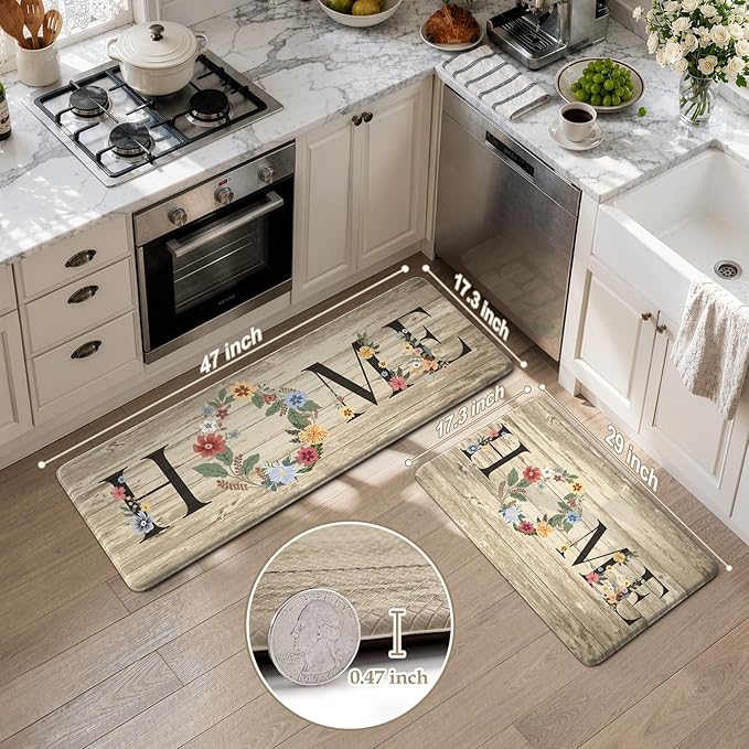 KIMODE Anti Fatigue Kitchen Mats for Floor 2 Piece,Farmhouse Floral Rugs Cushioned,Comfort Memory Foam Carpet Non Slip for Sink Laundry Office Bathroom,Beige 17"x47"+17"x29"