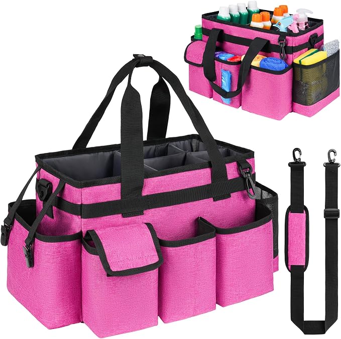 Cleaning Caddy,Cleaning Bag for Housekeepers,Cleaning Supplies Organizer with Handle,Rose Red