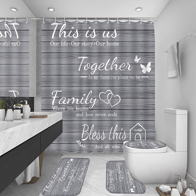 4Pcs Family Shower Curtain Sets with Non-Slip Rugs, Toilet Lid Cover and Bath Mat, Grey Home Bathroom Decor Set Accessories Waterproof Shower Curtains with 12 Hooks, 72 x 72 Inch