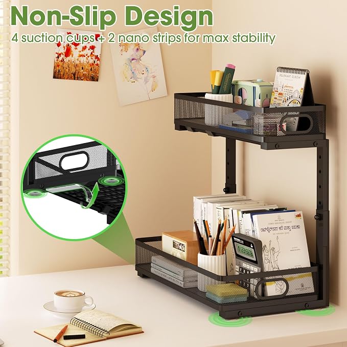 Under Sink Organizer 2-Pack, Metal 2-Tier Pull-Out Cabinet Shelf with Slide-Out Mesh Drawers, Height Adjustable, Space-Saving Under Sink Storage Racks for Kitchen, Bathroom, Laundry Room
