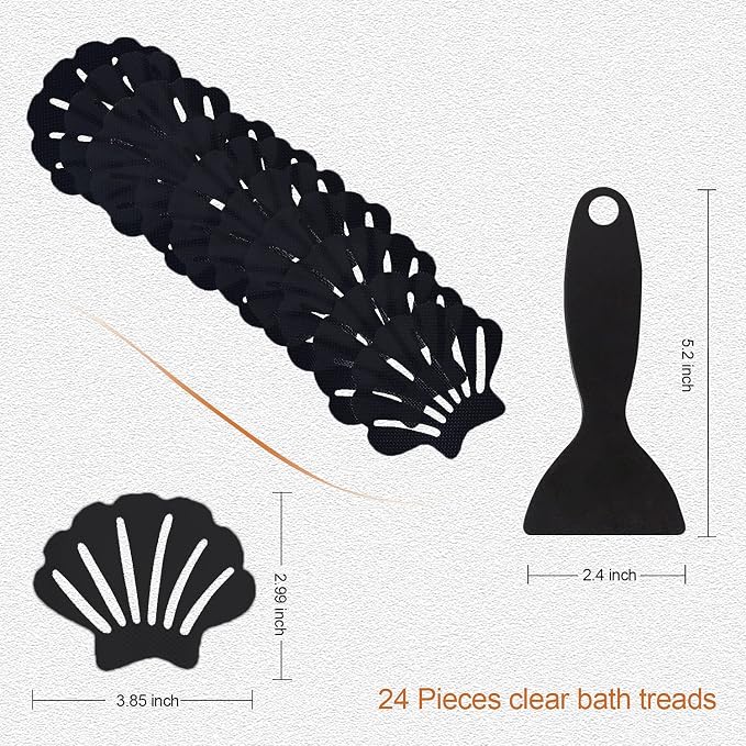 Secopad Non-Slip Bathtub Stickers, 24 PCS Shell Safety Bathroom Tubs Showers Treads Adhesive Decals Scraper (Black)