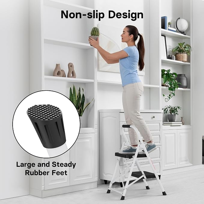 BONTEC 2-Step Ladder, Folding Step Stool, 600lbs Max Load Capacity, Sturdy Steel, Non-Slip Pedals, Lightweight, Portable Steel Ladder with Convenient Handrail, Safety Design for Home & Work, White