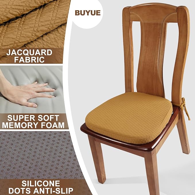 BUYUE Luxury 100% Pure Memory Foam Chair Cushions 4 Pack, Jacquard 16" U-Shape Comfortable Dining Chair Pads, Removable Slip Resistant Kitchen Chair Seat Cushions, (Set of 4, Ocher)