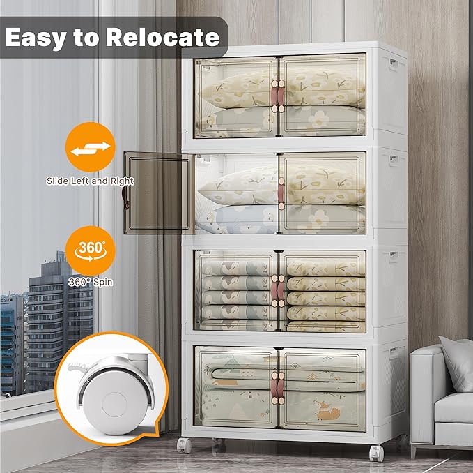 UAMFURI Stackable Storage Bins with Lids, 700QT Closet Organizers and Storage with Doors and Wheels, Extra Large Storage Cabinet, Collapsible Plastic Drawers for Bedroom Dorm Office