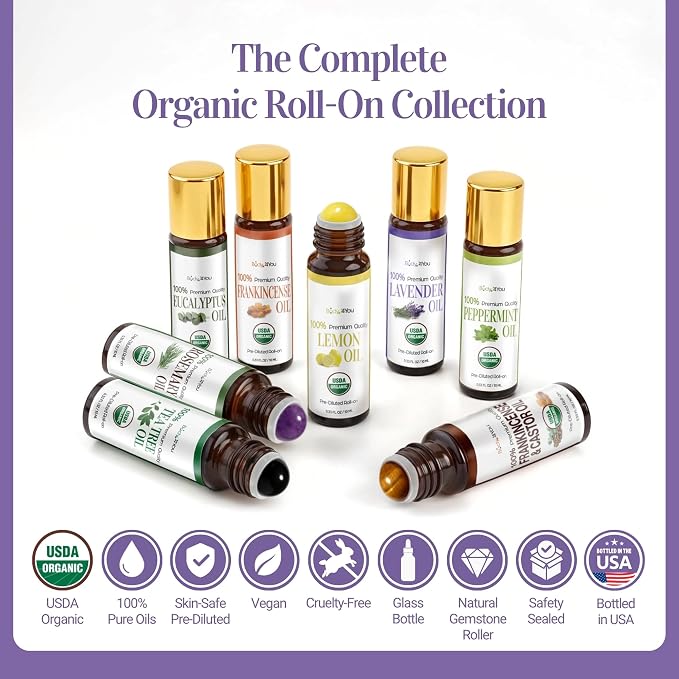 Lavender Essential Oil Roll On for Sleep Anxiety Stress Relief - 100% Pure USDA Organic Pre-Diluted MCT Coconut Oil - Calming Relaxing Bedtime Aromatherapy Yoga - Gemstone Roller 10ml Travel Size