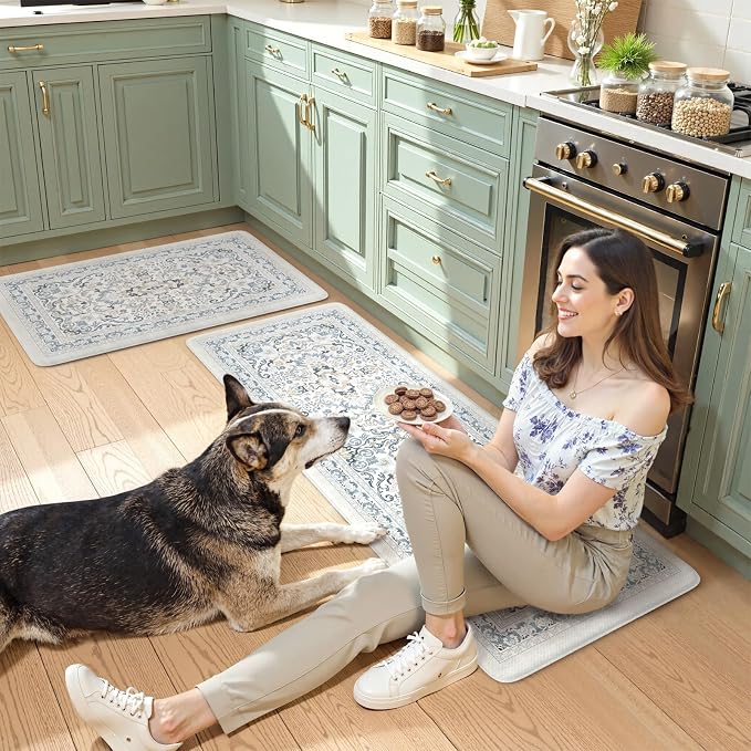 KIMODE Anti Fatigue Mats for Kitchen Floor,Boho Vintage Floral Rugs Sets of 2,Cushioned Carpet Non Slip for Laundry,Wide Memory Foam Runner for Sink Office,Light Blue 20"x47"+20"x32"