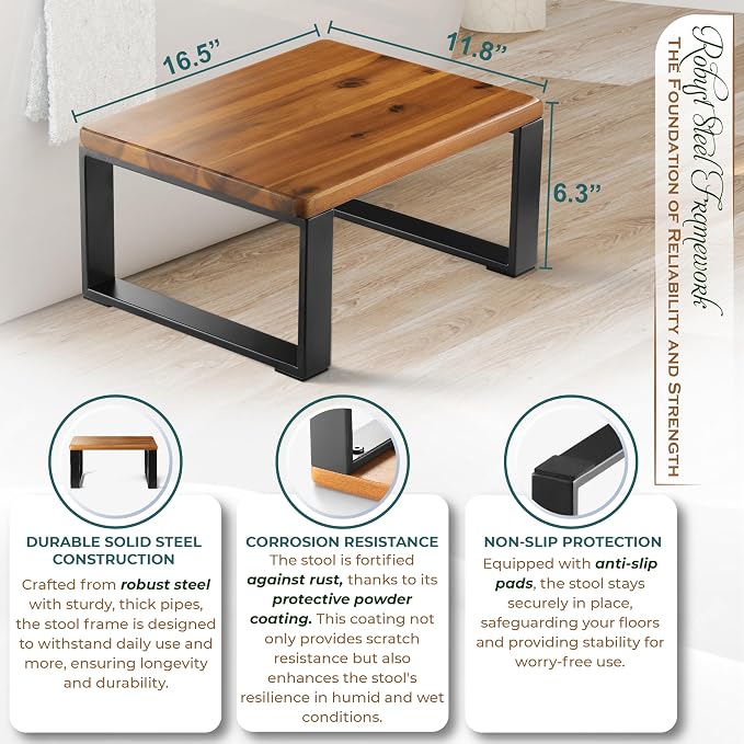 2BHOME Wooden Step Stool, Heavy Duty One Step Stool for Adults, Wooden Stepping Stool with 450Lbs Capacity for Kitchen & Bathroom, Non-slip Wood Bedside Bed Steps with Robust Steel Frame for High Beds