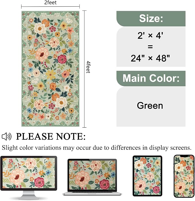DUKINO 2x4 Rug for Entryway, Washable Kitchen Floral Runner Rug with Non Slip Backing, Low Pile Soft Boho Carpet for Kitchen, Hallway, Entryway, Laundry, Bedroom, Green