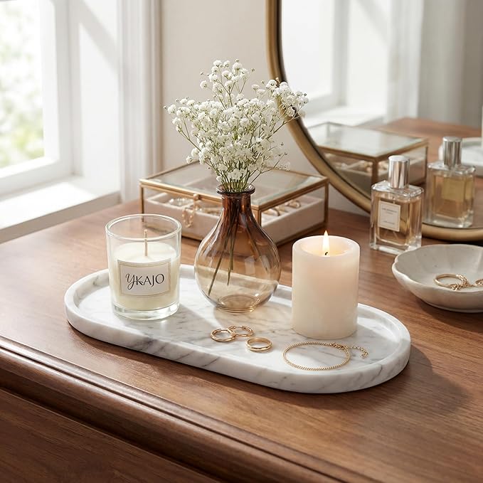 YKAJO Oval Real Marble Tray for Bathroom Kitchen Counter Stone Decorative Vanity Tray for Dresser Perfume Heavy Catchall Organizer for Soap Jewelry (Carrara White, 11.8" x 5.9")