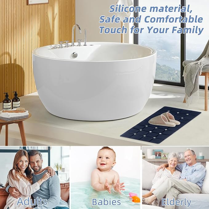 Silicone Bathtub Mat 15" x 28" – Non-Slip Foldable Tub Mat with Strong Suction Cups & Large Drain Holes, Durable & Eco-Friendly, for Smooth Surfaces, Ideal for Seniors, Adults, Navy