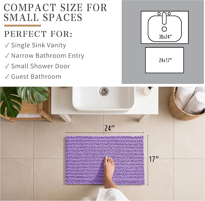 Yimobra Bathroom Rugs Non Slip Washable - Ultra Soft Absorbent Chenille Bath Mat, Quick Dry Shaggy Floor Carpet for Tub Shower, Lavender Home Decor Accessories, 24x17 Inch