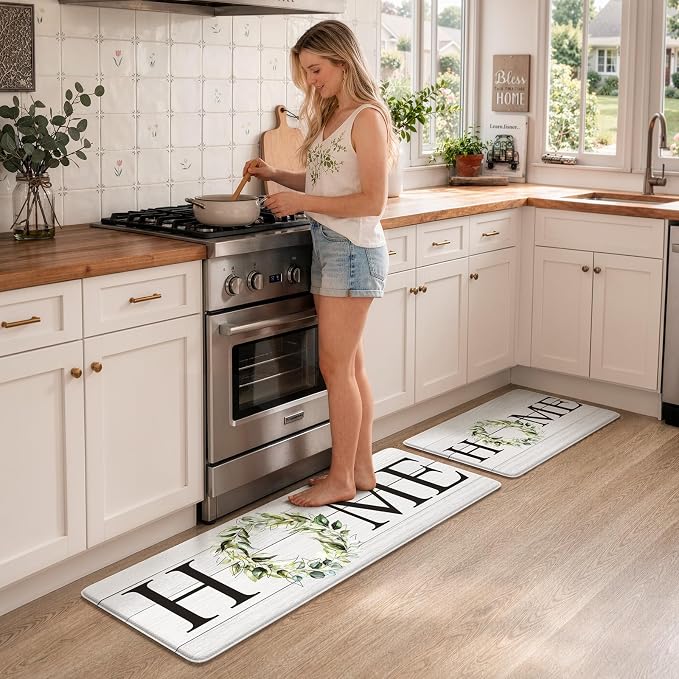 KIMODE Farmhouse Kitchen Mat 2PCS Anti Fatigue Kitchen Rugs Non-Skid Waterproof Kitchen Floor Mat Cushioned Comfort Standing Mat for Office,Laundry,Sink,Home