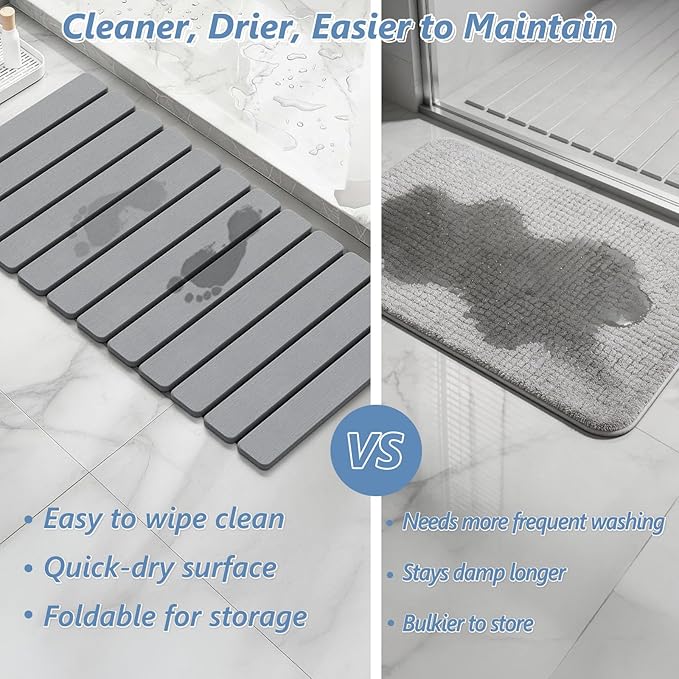 AWW Foldable Stone Bath Mat, Quick Dry Diatomaceous Earth Bath Mat with Non-Slip Mat, Super Absorbent, Easy to Clean, Compact for Small Bathrooms, 31.5 x 15.7, Grey