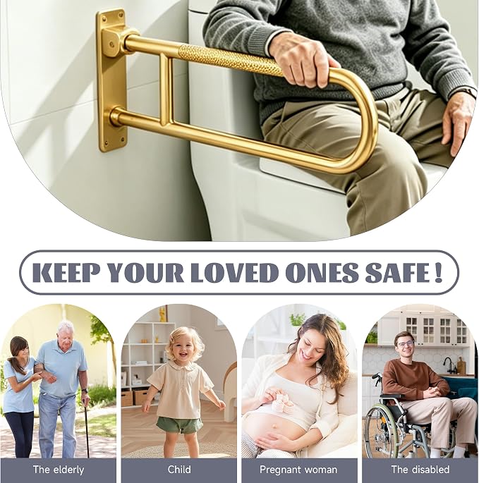 22.5 Inch Toilet Grab Bar, HUAS Gold Anti Slip Bathroom Toilet Safety Rails, U Shaped Flip-Up Handicap Grab Bars w/Paper Holder, Stainless Steel Support Handrail for Elderly Disabled Senior