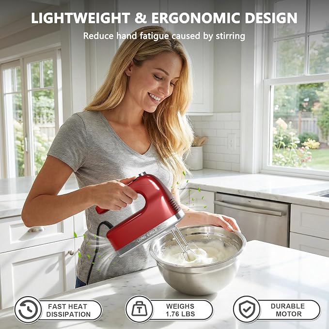 Lord Eagle 9-Speed Digital Hand Mixer Electric Handheld, 500W DC Motor Kitchen Mixer for Cake Baking, Lightweight Egg Beaters with Stain-resistant & Waterproof Storage Bag & 6 Accessories, Red
