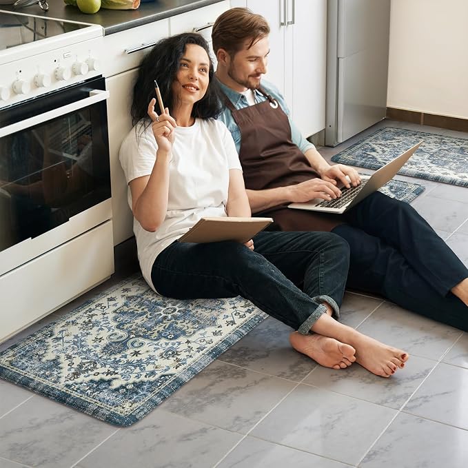 KIMODE Anti Fatigue Kitchen Mat for Floor 17.3"x29"+17.3"x59", Boho Vintage Kitchen Rugs Sets of 2, Cushioned Non Slip Kitchen Mats for Floor, Comfort Kitchen Floor Mat for Sink Laundry Desk Blue