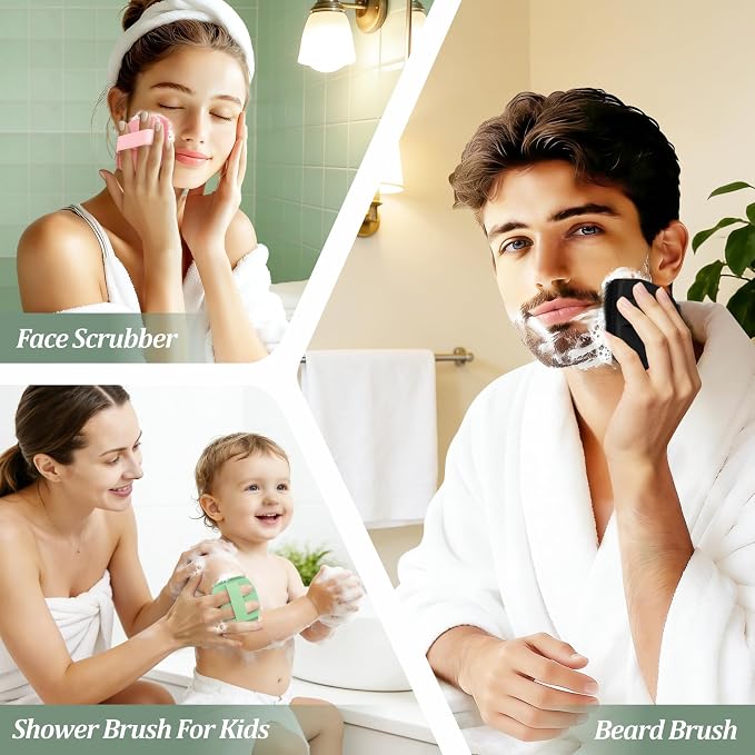 Silicone Back/Body/Face Scrubber & Lymphatic Contour Face Brush Set 4PCS, 13.4'' Soft Back Scrubber, 360° Anti-Slip Bath Glove, Unique Side-bristled Face Scrubber for All-Round Cleaning(Black)
