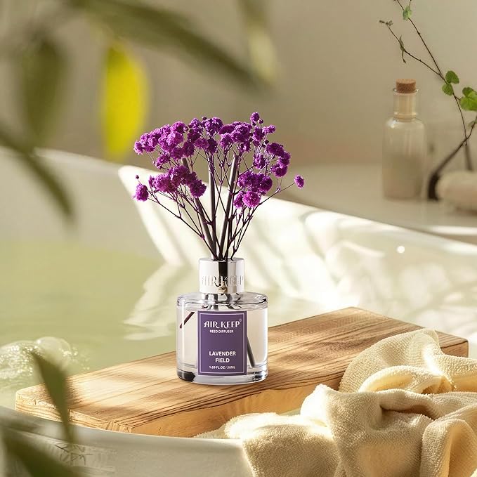 Airkeep Reed Diffuser Set,1.69 fl oz (50 ml) - Lavender Field Oil Diffusers with 8 Reed Sticks,Home Fragrance Reed Diffuser for Bathroom Shelf Decor