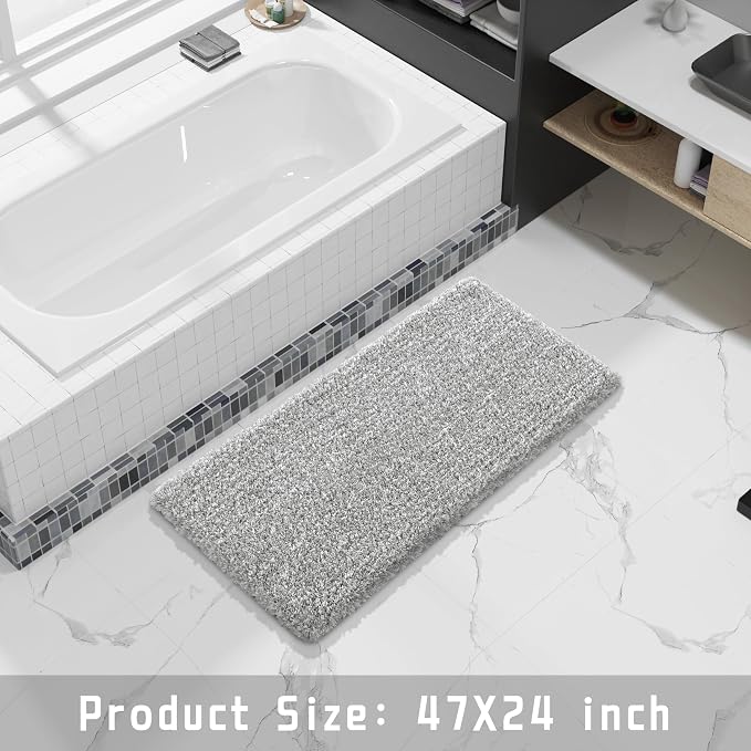 Yimobra Long Bathroom Rug 47" X 24", Super Absorbent Bath Mat, Quick Dry, Luxury Non-Slip Bath Rugs for Tub Side, Double Sink Vanity, Machine Washable, Home Decor Accessories, Light Gray and White
