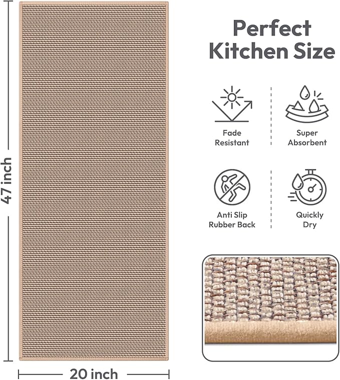 Kitchen Mats for Floor,Kitchen Rug, Nonskid, Washable, Absorbent Kitchen Runner Rug for in front of Sink, Entryway, Hallway, Rubber Backing Indoor Door Mat, Farmhouse Style Standing Mat, 20"x47",Brown