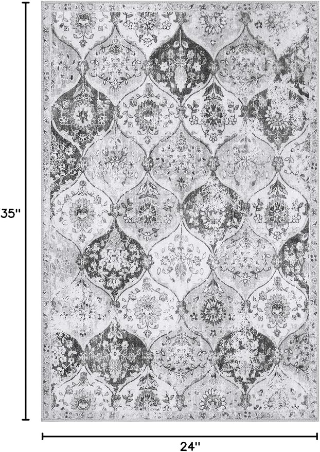 Lahome Moroccan Trellis Washable Rug, 2x3 Kitchen Rugs for Entryway Bathroom, Non-Slip Indoor Door Mat Ultra-Thin, Small Oriental Throw Carpet for Bedroom Entry Elise, Silver/Grey
