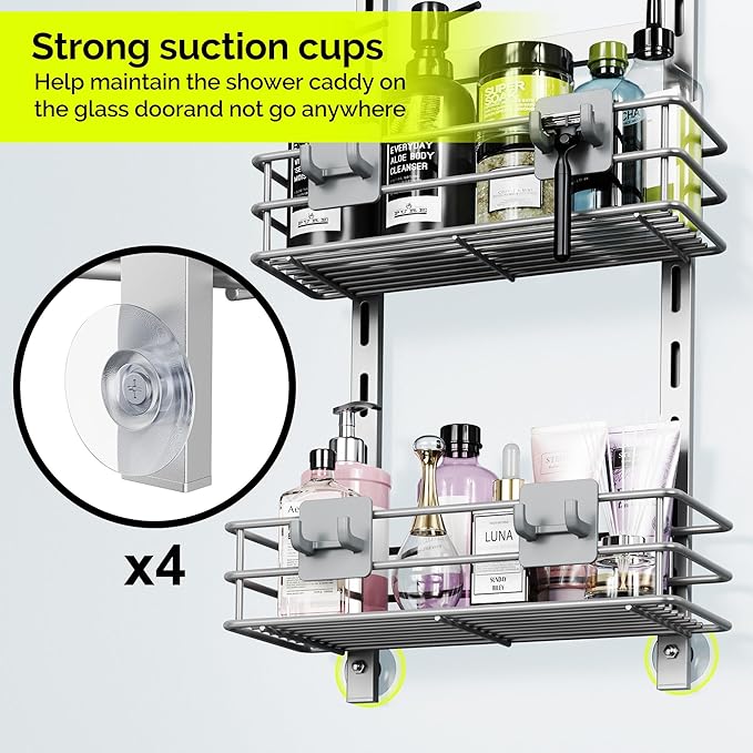 Orimade Shower Caddy Adjustable Height 4 Tier Silver,Bathroom Hanging Over the Door Organizer Shelf Rustproof with 4 Hooks,Shower Basket with Soap Holder and Suction Cup