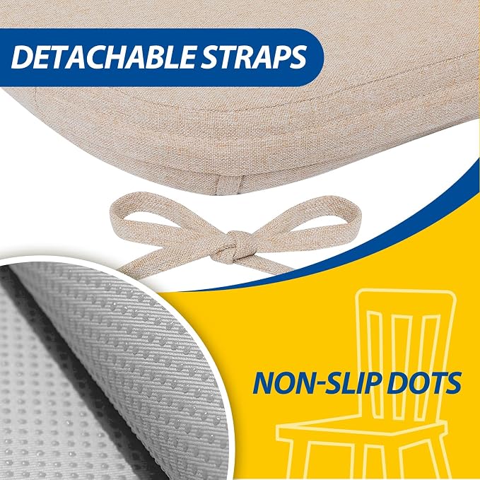 AAAAAcessories D-Shaped Chair Cushions, 2" Thick Dining Chair Pads with Ties and Removable, Machine-Washable Cover, 17" x 16", Set of 8, Oatmeal Beige