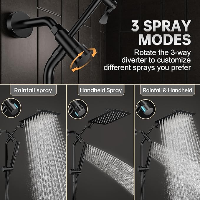 Veken All Metal 10" Black Shower Head with Handheld, Luxurious Square Double Rain Shower Heads with Spray Combo, Dual High Pressure Detachable Rainfall Showerhead with Arm,Bathroom Upgrade,Matte Black