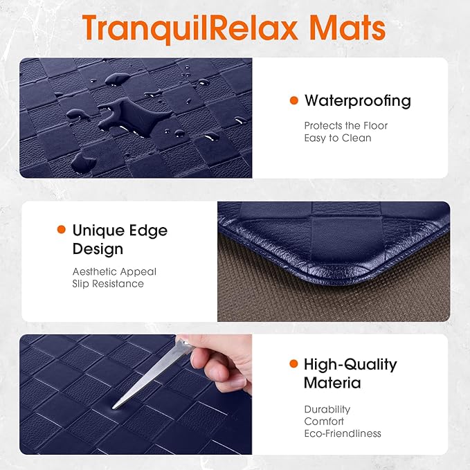 TranquilRelax 2-Piece Anti-Fatigue Kitchen Mats, Cushioned Non-Slip Waterproof Sink & Stove Floor Mats, Comfortable Standing Rug Set for Kitchen, Laundry & Entryway, Blue