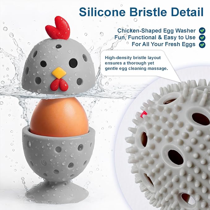 Egg Washer for Fresh Eggs, Egg Scrubber for Fresh Eggs, 2 Reusable Silicone Chicken Shaped Scrubs, Chicken Egg Cleaner, Eggshell Cleaner for Poultry Farm, Housewife Tools Vegetable Processing (Gray)