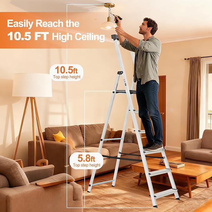Sweetcrispy 6 Step Ladder, 330lbs Folding Step Stool with Anti-Slip Wide Pedal,Tool Tray, Aluminum Stool Ladders, Safety Household Ladder for Home Kitchen Courtyard Outdoor