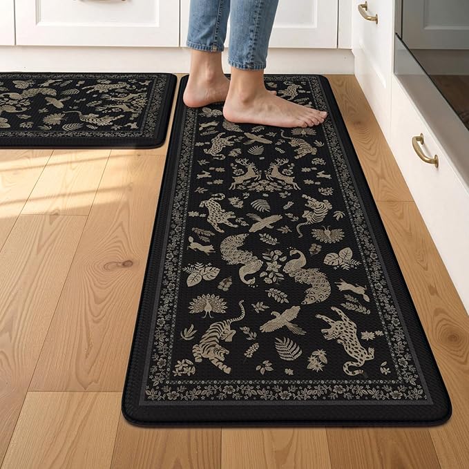 LEEVAN Cushioned Kitchen Mats for Floor 2 Piece, Anti Fatigue Mats for Kitchen Floor Non-Slip, Black Memory Foam Kitchen Mat Set, Waterproof Ergonomic Standing Mat for Bar, Office,Desk, Laundry