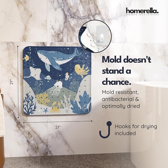 homerella® Shower Mat Non Slip Anti Mold, Non Slip Shower Mats for Inside Shower Stall Anti Slip Mat, Square Shower Floor Mat 21 x 21 in with Suction Cups & Hooks for Quick Drying, Machine Washable