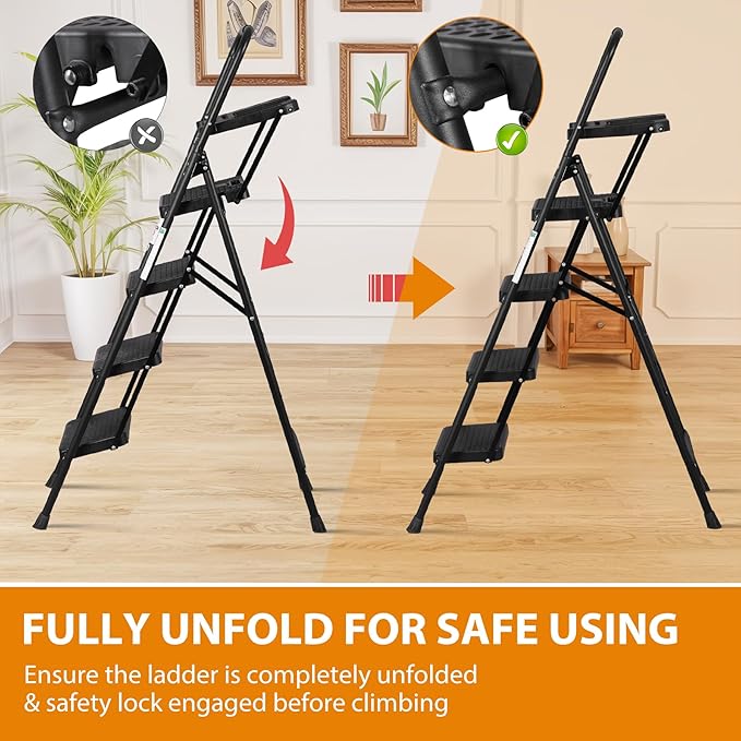 ZENY 4 Step Ladder, Folding Step Stool for Adults, Portable Steel Ladder with Tool Platform, Wide Anti-Slip Pedal, Safety Locking, Lightweight (Black)
