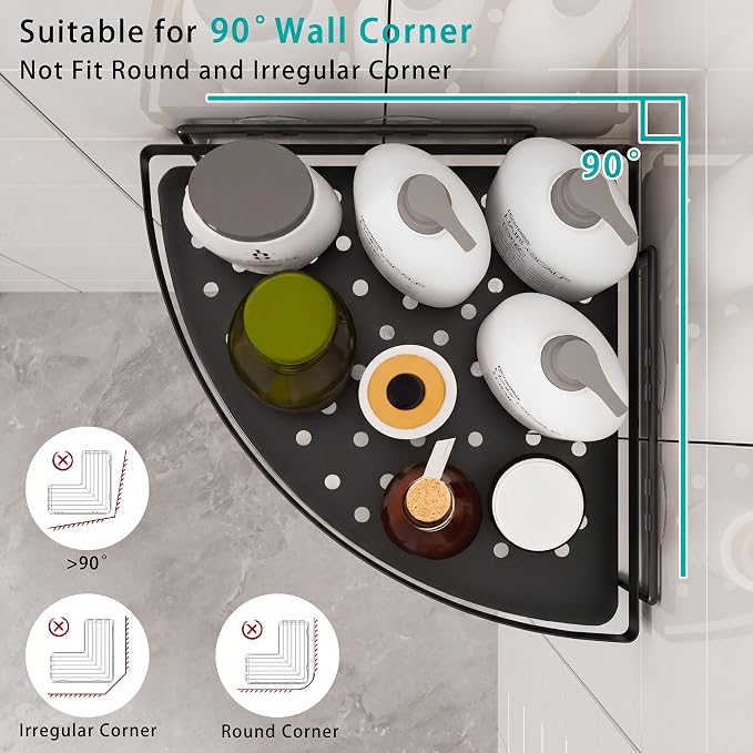 Corner Shower Shelves, 2-Tier Black Shower Candy with 4 Hooks, Stainless Steel Bathroom Shower Organizers, Wall Mounted Caddy Shelves No Drilling with Adhesive, Triangle Storage Shelf for Toilet