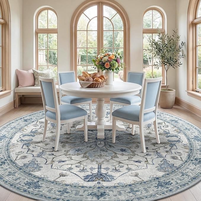 RELEANY Area Rugs Round 10ft Washable Non-Slip, Floral Vintage Distress Medallion Carpet for Living Room Bedroom Dining Room, Light Blue Navy Gray White