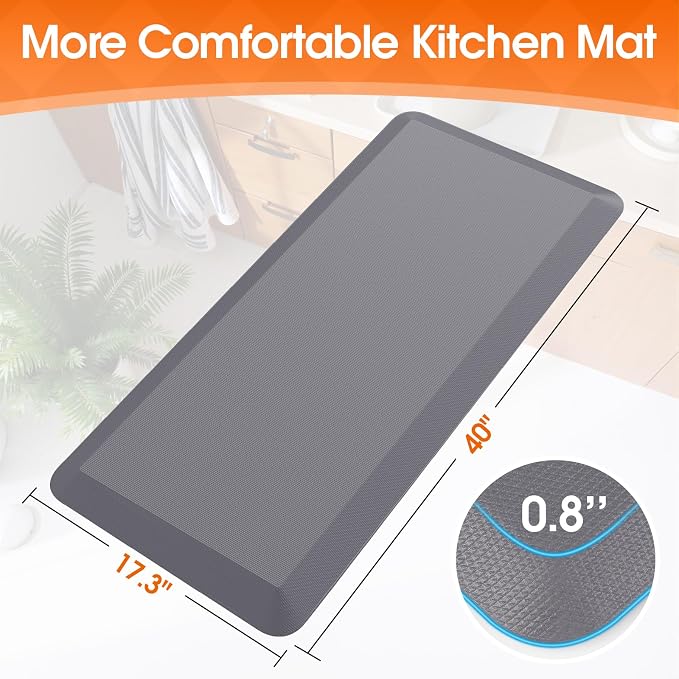 4/5 Inch Thicker Kitchen Mat, Cushioned Thick Floor Comfort Mat, with Non-Slip Bottom, Water & Stain Resistant, Easy Clean Standing Desk Mat for Kitchen, Sink, Office (17.3"x39"x0.8", Grey)